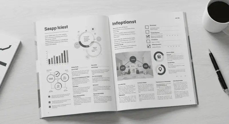 SEO-friendly ALT text: ビジネスレポートの開いた冊子、グラフとチェックリストが含まれる資料、パソコン作業と会議資料のイメージ.