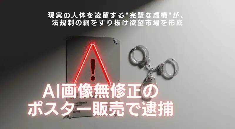 警告サインと手錠を備えたAI画像修正の違法販売に関する日本語の詳細な解説の画像。アダルトアフィリエイトに関する情報サイト向けのSEO効果の高い画像コンテンツ。.