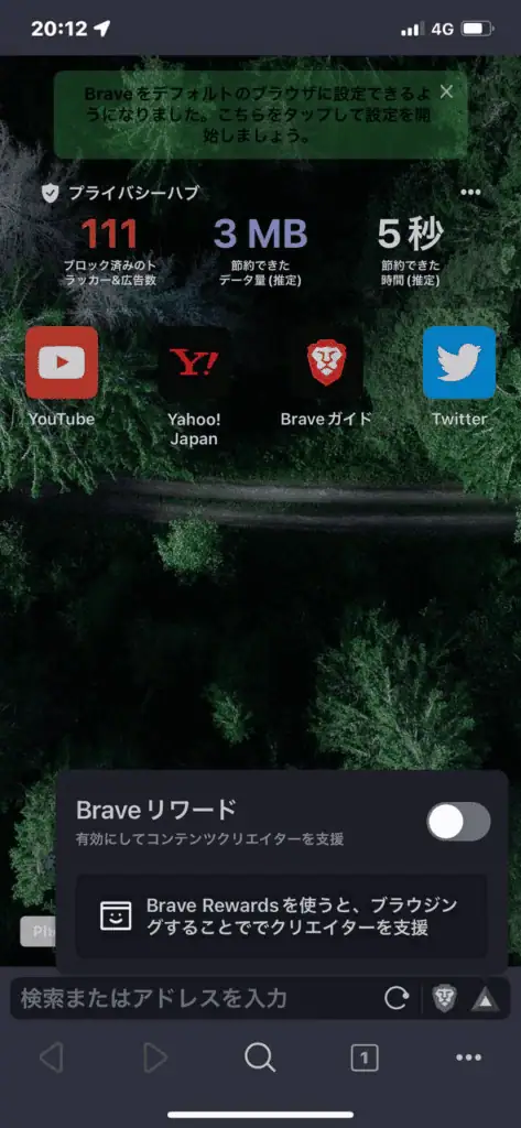 ブロック済みのYouTube、Yahoo! Japan、Braveガイド、Twitterのアプリアイコンとプライバシー情報表示画面のスクリーンショット.