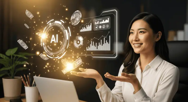 AI技術とデータ分析を活用したオンライン収益化戦略を示す女性ビジネスユーザーのイメージ。.