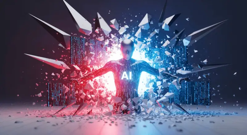 破壊されるAIロボットとデジタルデータのイメージ、アダルトアフィリエイトや男の稼ぎ方研究所に関するグローバルなテーマSEO画像。.