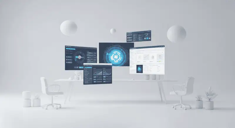 AI技術とデータ分析を活用した男の稼ぎ方研究所の最新情報とツールを示す未来的なデスクトップコンピュータの画像,アダルトアフィリエイト総合情報サイトに最適なSEO画像。.