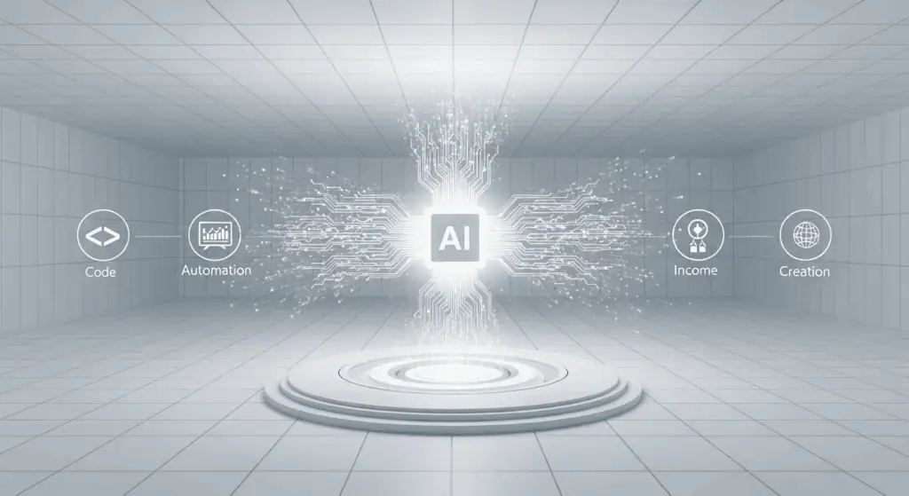 AI技術とプログラミングに関する未来的な3Dイメージ.