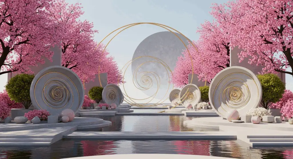 幻想的な春の風景、桜の花とモダンな円形アートが融合した美しい庭園風景。癒しと平和の象徴として心に響くビジュアル。.