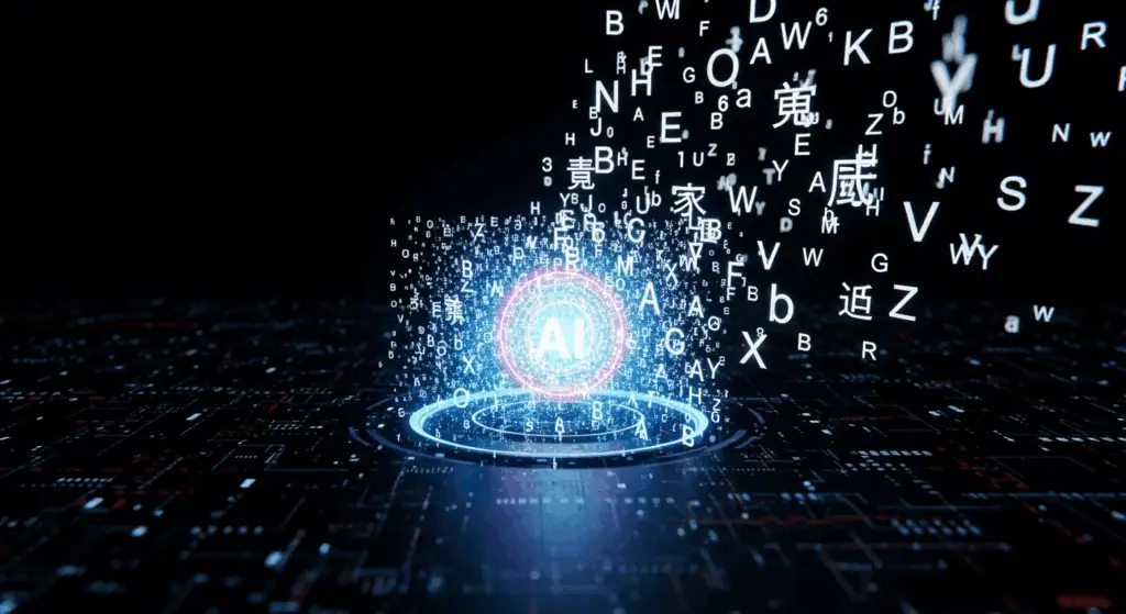 AI技術とデジタルデータの未来を象徴する画像。アルファベットと文字が渦巻きながら浮かび上がり、人工知能と情報技術の進化を表現しています。.
