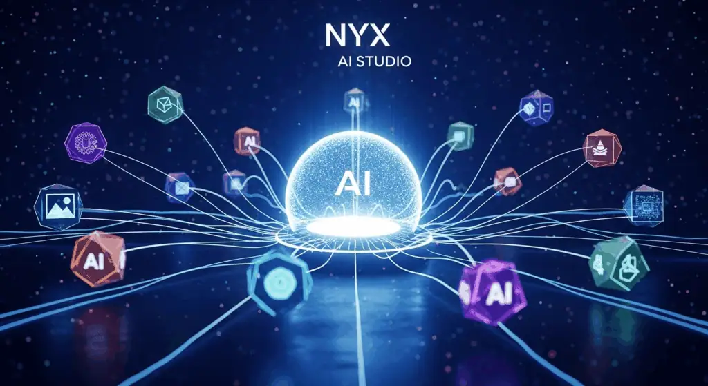 最先端のAIテクノロジーと多彩なAIアイコンが描かれた未来的なグラフィック画像.