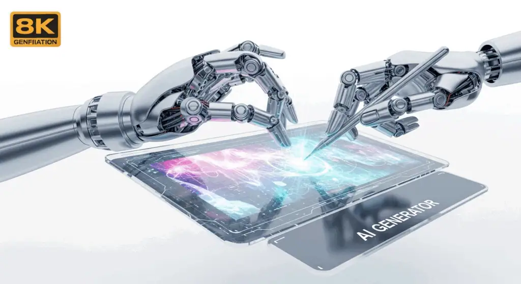 高度なAI生成ロボットの手がタッチスクリーン画面を操作している未来的な画像。最新の技術とインタラクションを象徴。.