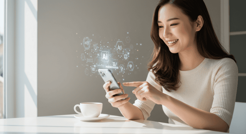 AI技術を活用したスマートフォン操作、ビジネスや日常生活に役立つ最新のAIツール、効率的な稼ぎ方研究のためのビジュアルコンセプトを反映した画像です。.