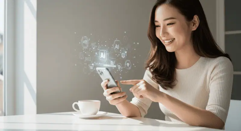AI技術を活用したスマートフォン操作、ビジネスや日常生活に役立つ最新のAIツール、効率的な稼ぎ方研究のためのビジュアルコンセプトを反映した画像です。.