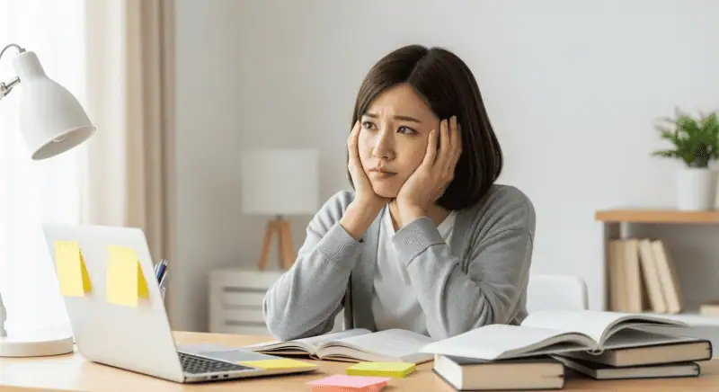 退屈そうな女性の悩み顔を写した写真、学習や仕事のストレスを感じている表情で、アダルトアフィリエイトに関する情報サイトに関連したイメージです。.