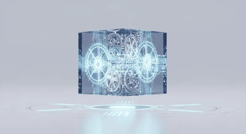 高度なテクノロジーと時間管理の革新的なコンセプトを示す未来的なデジタル時計と歯車の画像.