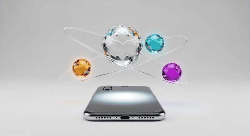 多彩な色の球体と現代的なスマートフォンの先進的なイメージ。テクノロジーとデジタル世界の融合を象徴するモダンな画像。.
