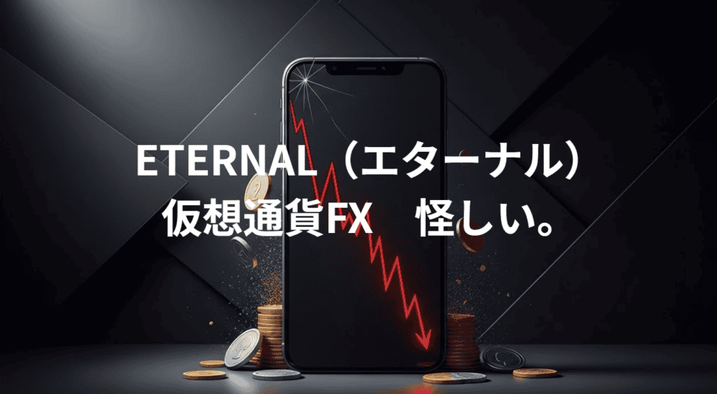 仮想通貨FXと暗号通貨投資のリスクの象徴的なグラフとコインのイメージを持つスマホ画面、投資の危険性と注意喚起を伝えるSEO最適化された画像ALTです。.