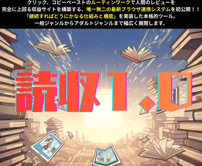 アダルトアフィリエイトに関する情報と稼ぎ方を学べるサイトのイメージ。書籍やデジタルコンテンツが飛び交う中で、成功の秘訣を探る男性向けのコンテンツ。.