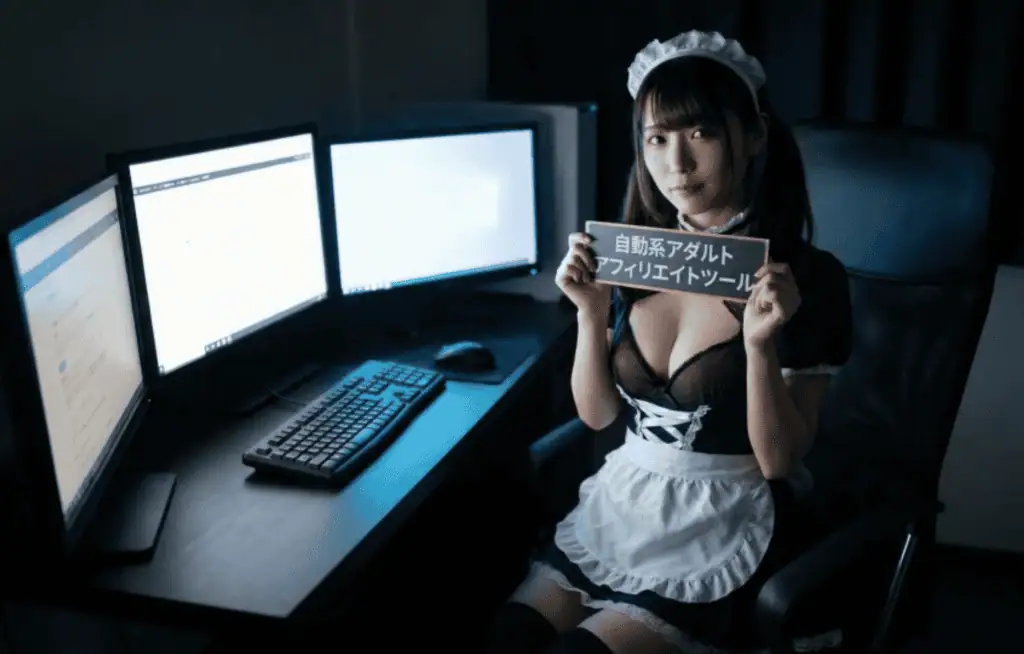 女性コスプレイヤーが複数のコンピュータ画面の前でアダルトアフィリエイトのツールを持ち、稼ぎ方を学ぶ様子を示しています。.