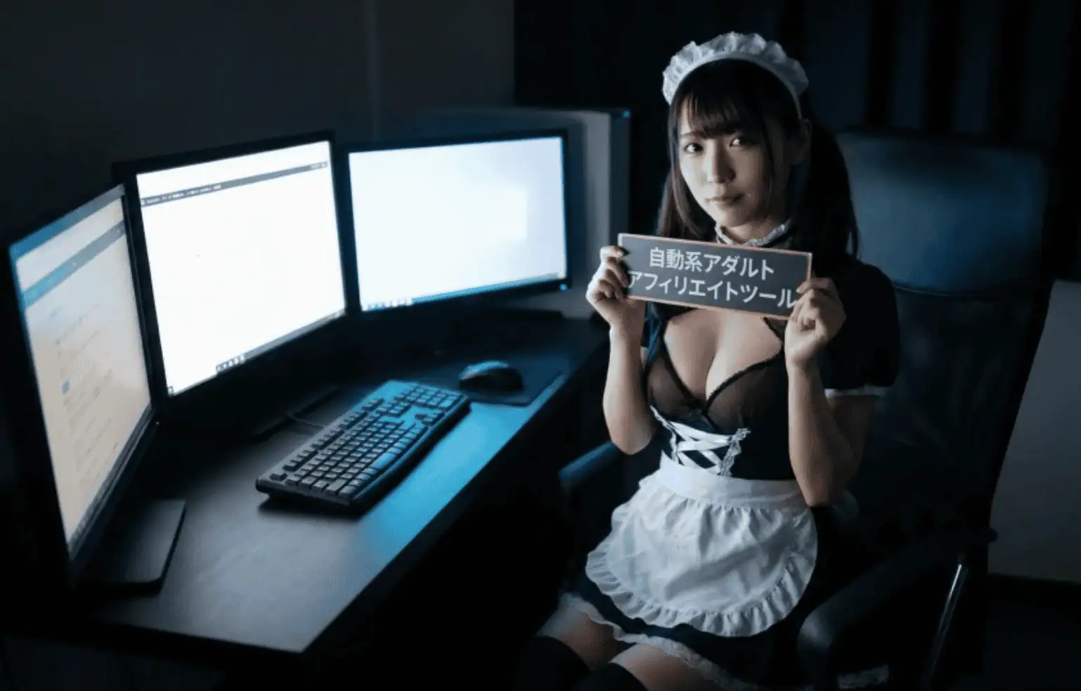 女性コスプレイヤーが複数のコンピュータ画面の前でアダルトアフィリエイトのツールを持ち、稼ぎ方を学ぶ様子を示しています。.