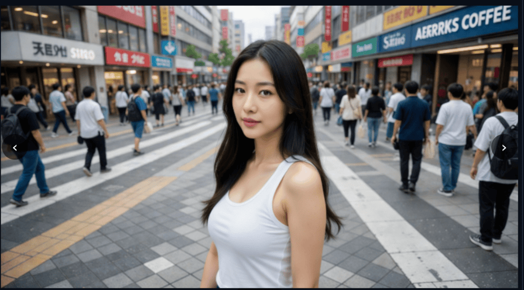 都市の繁華街を背景に微笑む若い女性の画像。多くの人々が行き交う中、ファッションに気を配った女性が中心に写っています。.