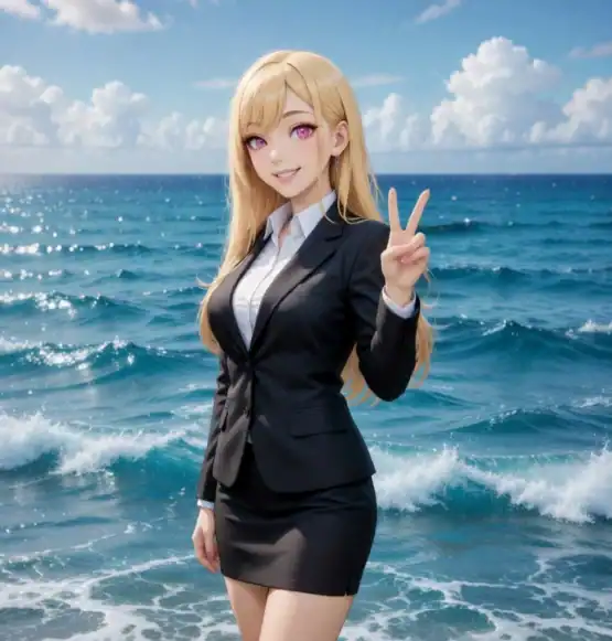 海辺でポーズをとるアニメ風の女性モデル、ビジネススーツ姿で稼ぐ方法を象徴。.