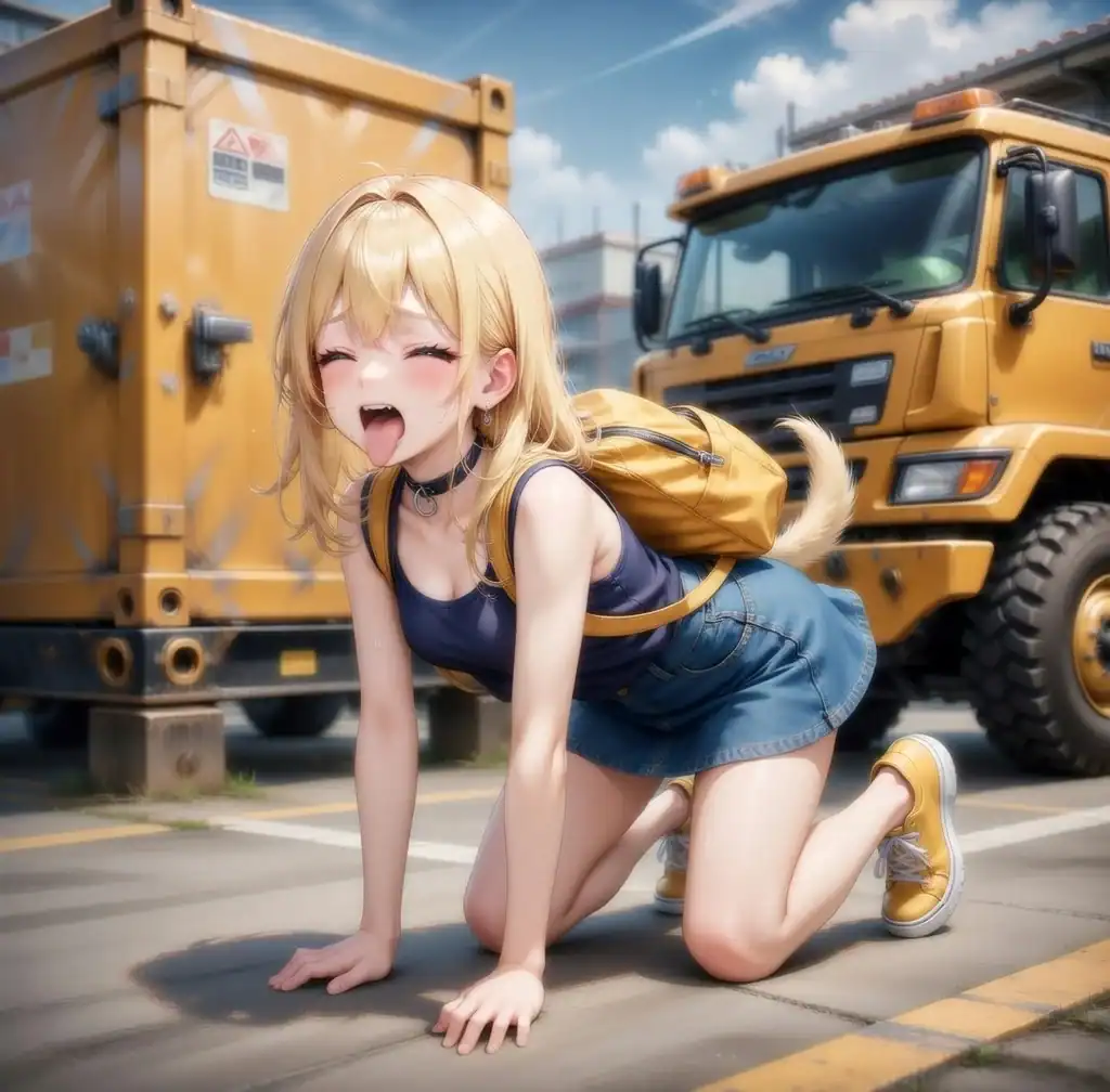 若い女性キャラクターが地面に膝をつき笑顔でポーズをとる、工事現場の背景に大型トラックとコンテナが映るイラスト風画像.