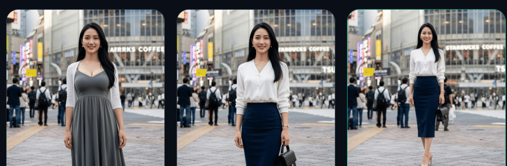 画像に写る女性が都市の繁華街で微笑む姿を捉えた写真です。.